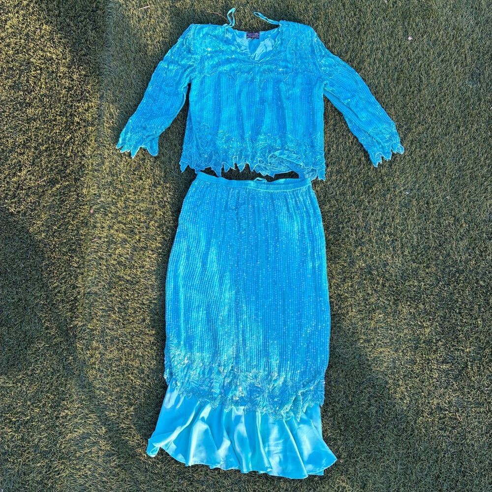 VTG Creative Creations Size M Turquoise Silk Sequin Beaded 2pc Maxi Skirt Set